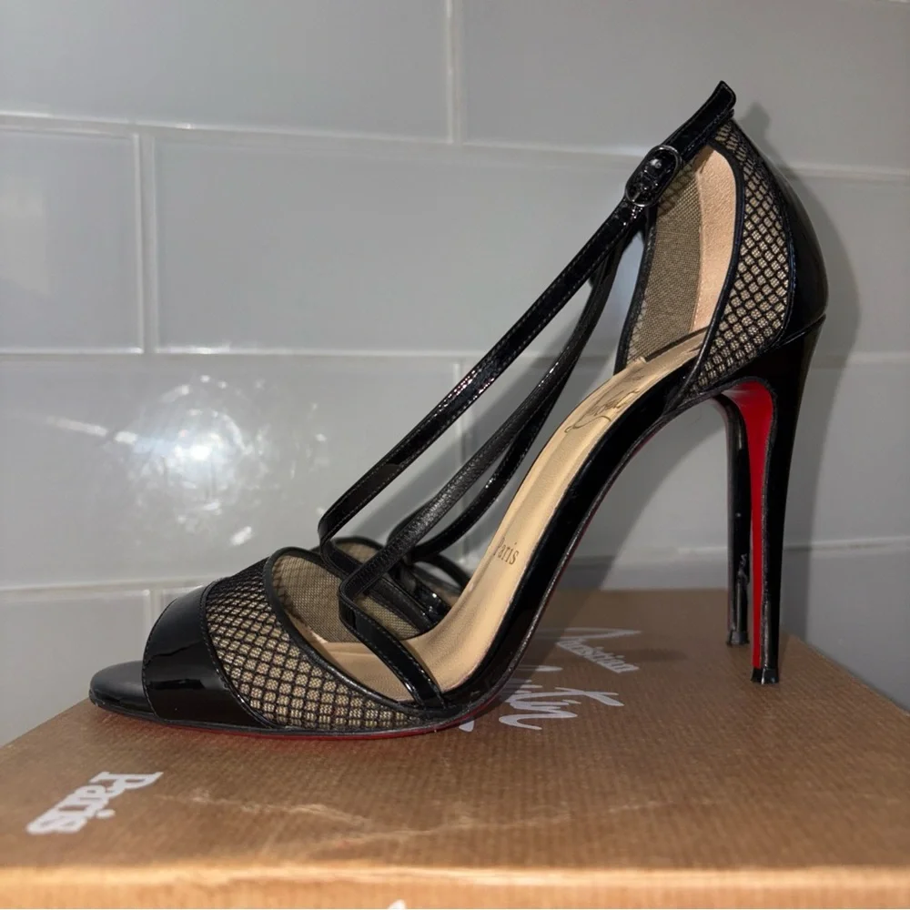 Christian Louboutin Black Patent & Mesh Slingback Heels with Red Soles